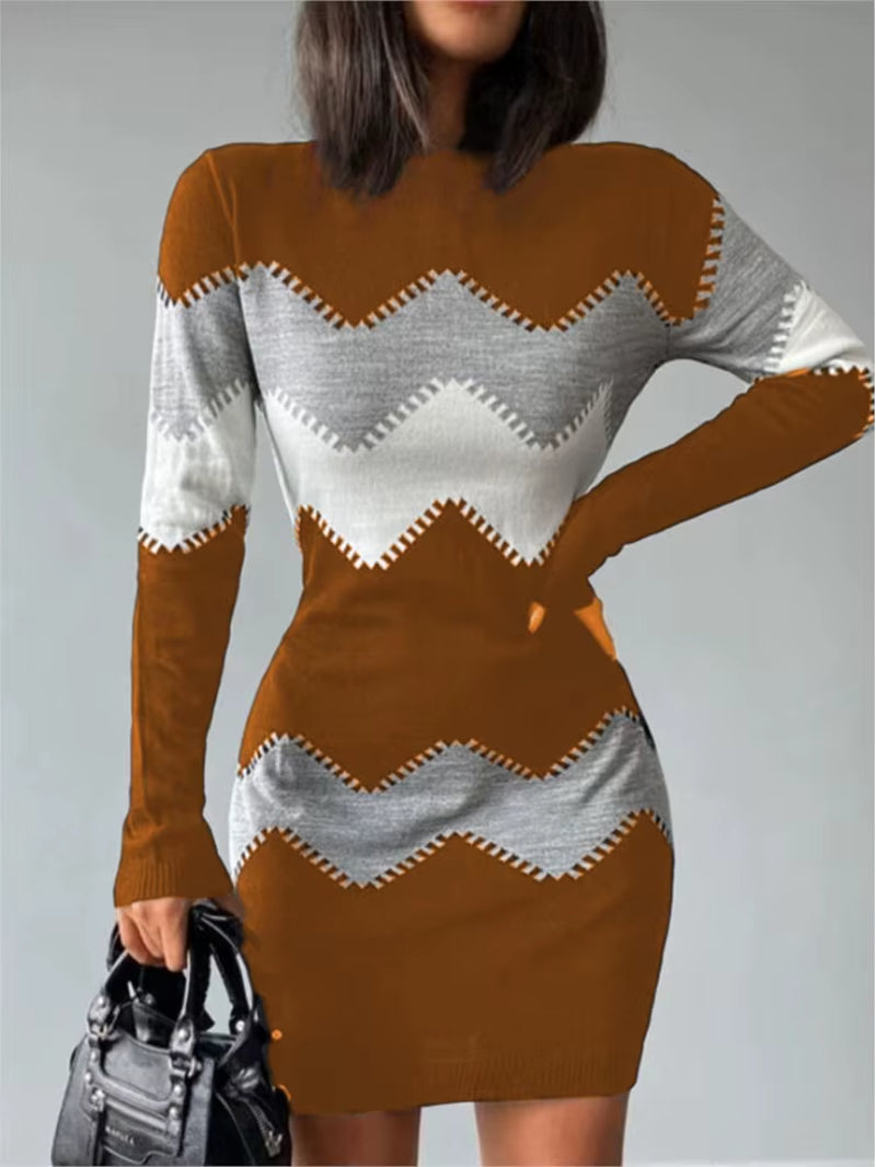 2023 Autumn Women Fashion Print Slim Knitted Dress Female Long-Sleeve O-Neck Elegant Bodycon Package Hips Mini Dresses 5XL