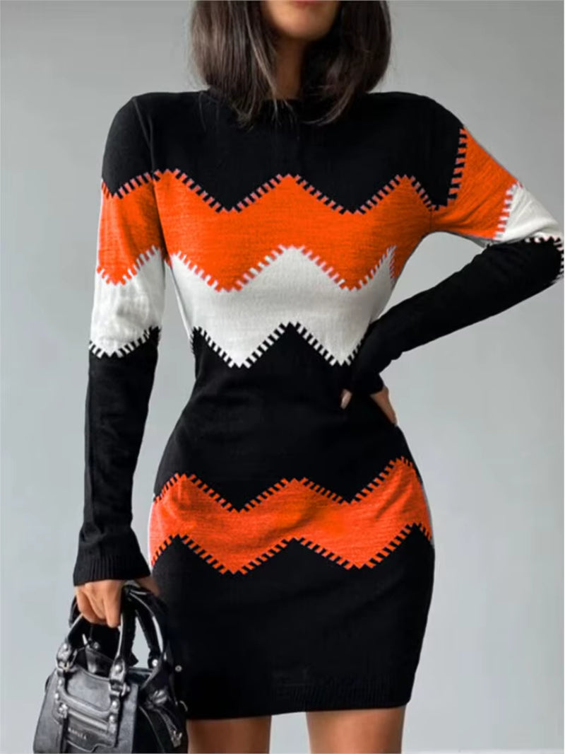 2023 Autumn Women Fashion Print Slim Knitted Dress Female Long-Sleeve O-Neck Elegant Bodycon Package Hips Mini Dresses 5XL